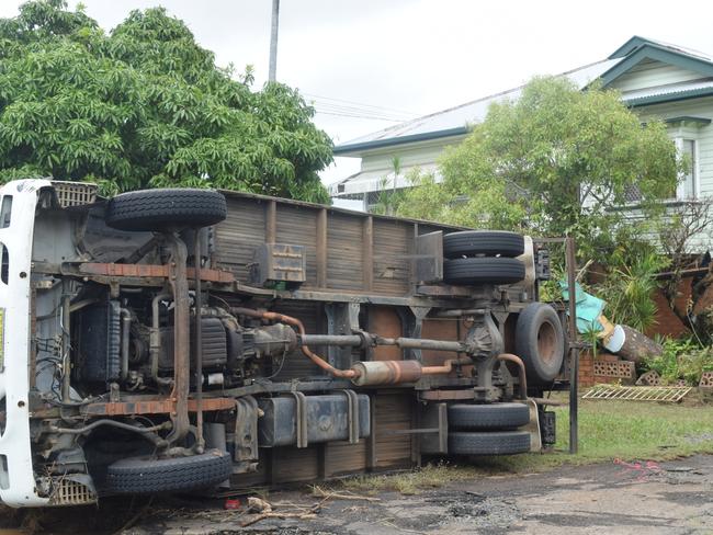 A removalist truck overturned on Crown Street in South Lismore. Picture: Nicholas Rupolo