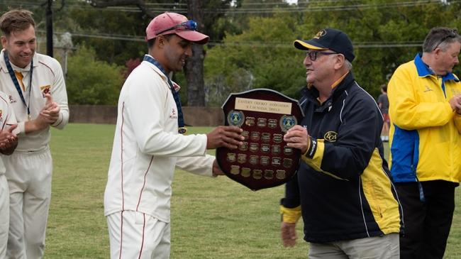 North Balwyn skipper Nitesh Patel accepts the silverware (Picture: Chris Mirabella)