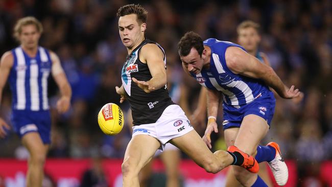 Karl Amon goals on the run during Port Adelaide’s loss to North Melbourne. Picture: Michael Klein.