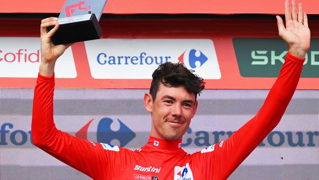 YUNQUERA, SPAIN - AUGUST 22: Ben O'Connor of Australia and Team Decathlon AG2R La Mondiale celebrates at podium as Red Leader Jersey winner during the La Vuelta - 79th Tour of Spain 2024, Stage 6 a 185.5km stage from Jerez de la Frontera to Yunquera / #UCIWT / on August 22, 2024 in Yunquera, Spain. (Photo by Tim de Waele/Getty Images)