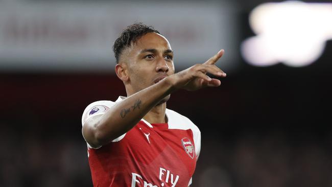 Pierre-Emerick Aubameyang celebrates after scoring Arsenal's second goal against Leicester City