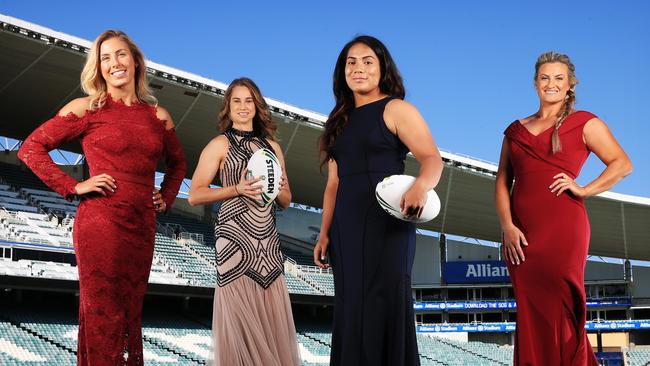 Jillaroos NRL stars (from left) Samantha Bremner, Kezie Apps, Simaima Taufa  and Ruan Sims pictured in their gowns at Allianz Stadium ahead of the Dally M awards. Picture: Toby Zerna