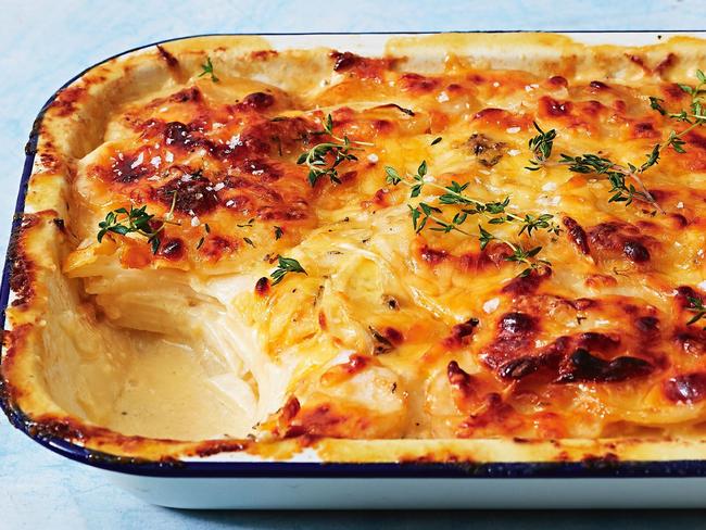 Caramelised potato bake uses floury potatoes.