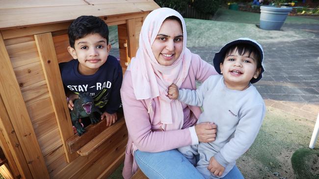 Naima Arshad with her sons, Huzefa and Zaviiyar, at the Cressy Road Early Learning centre in Ryde, Sydney. Picture: John Feder