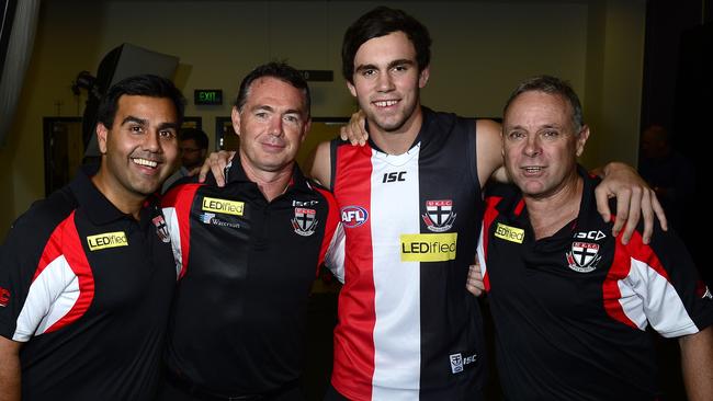 Ameet Baines, coach Alan Richardson, Paddy McCartin and Tony Elshaug at the 2014 AFL draft after the Saints took a punt and recruited McCartin with pick No.1 instead of Christian Petracca. Picture: Stephen Harman