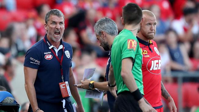 Adelaide United coach Marco Kurz during Saturday night’s match against Central Coast Mariners.