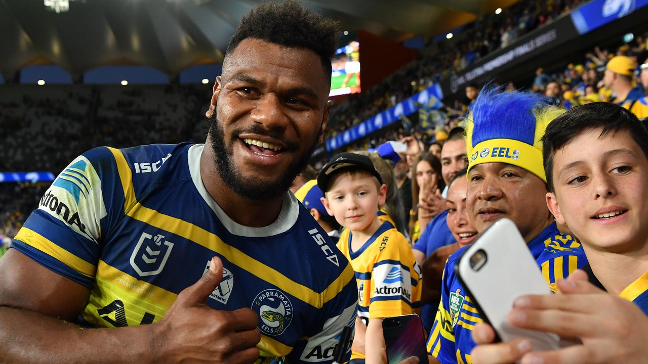 Maika Sivo of the Eels celebrates with fans after beating Brisbane.