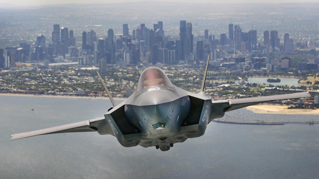 An RAAF F-35 fighter jet over Melbourne to celebrate the 2023 Australian International Airshow. Picture: David Caird