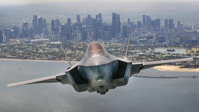 An RAAF F-35 fighter jet over Melbourne to celebrate the 2023 Australian International Airshow. Picture: David Caird