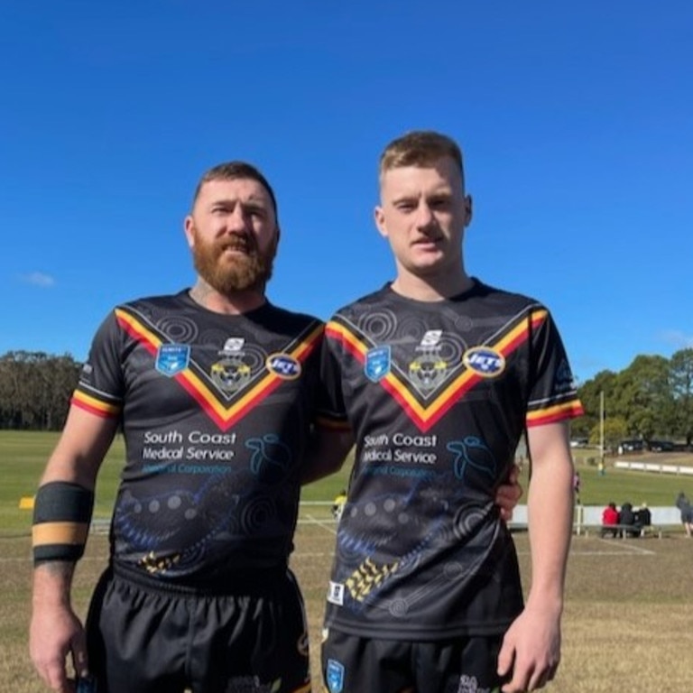 Brayden Swain (right) of the Nowra Bomaderry Jets reserves alongside father and captain/coach Kevin Swain. Picture: Supplied