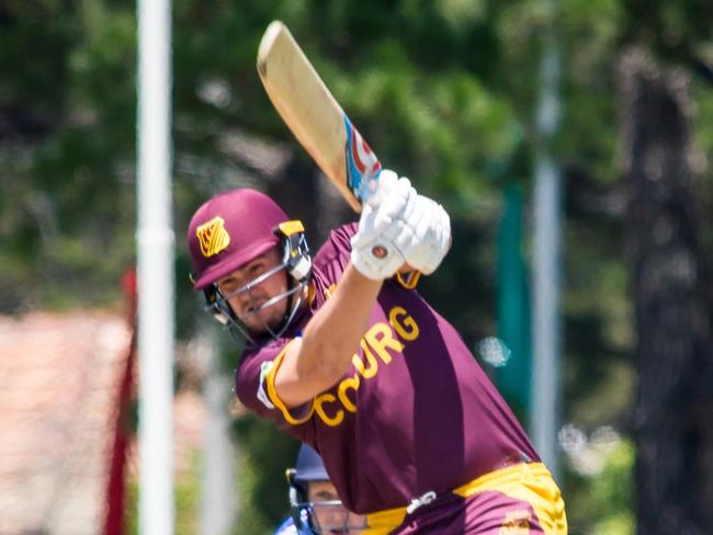 Coburg batsman Will Rigg hammers a ball down the ground. Picture: Ronald Davis. 