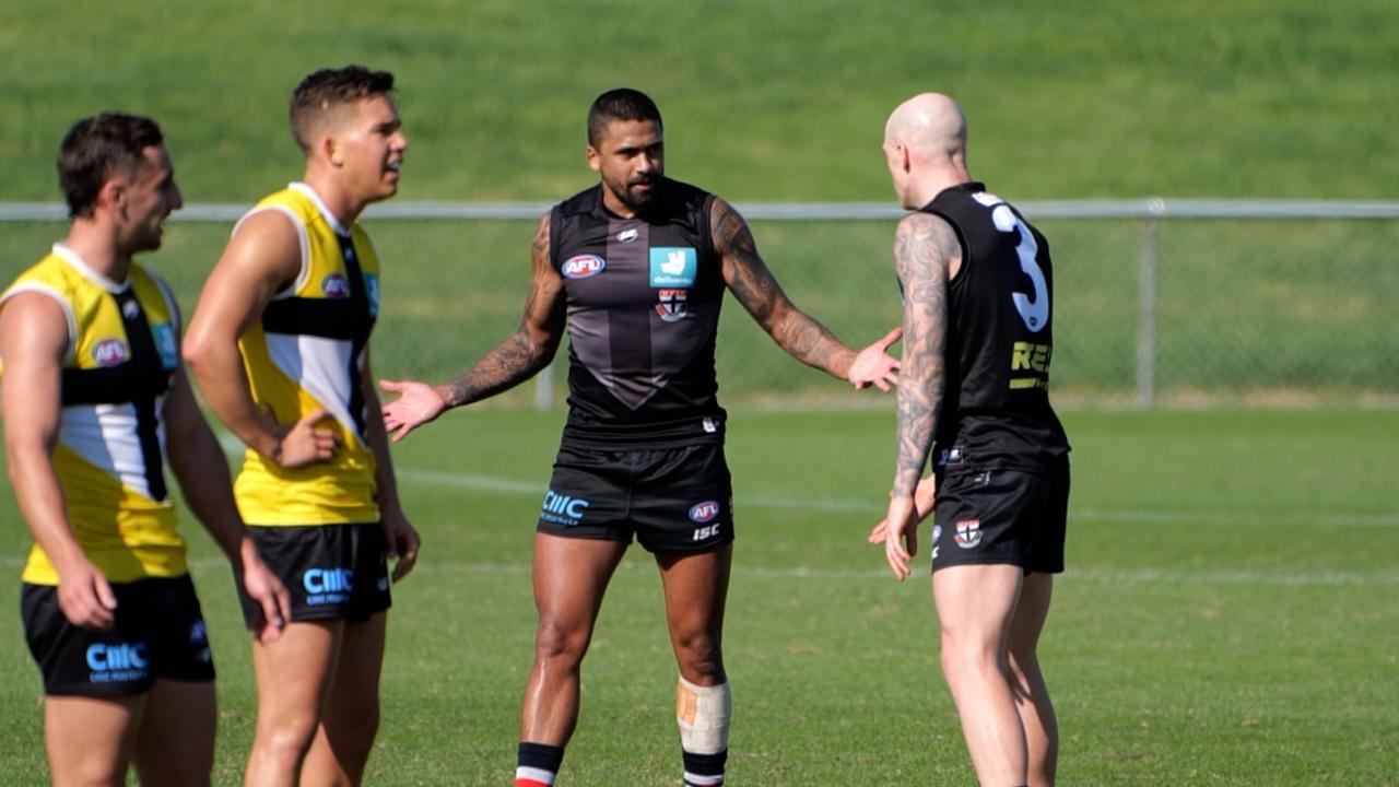 Bradley Hill and Zak Jones exchange words at a St Kilda training session on Thursday, April 29. Photo: AFL Media