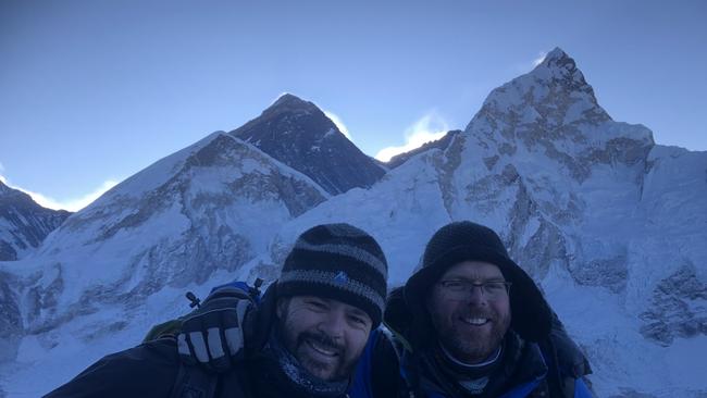 Paul Ashenden and Anthony Keane at the top of Kala Patthar near Mount Everest in the Himalayas.