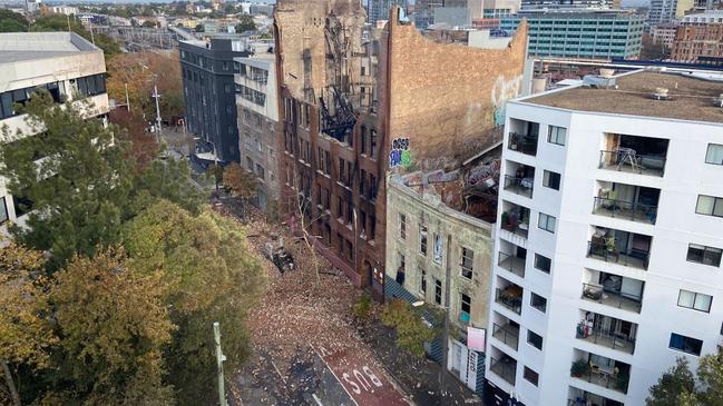 Danger site … all that remains of the heritage building on Friday. Picture John Grainger