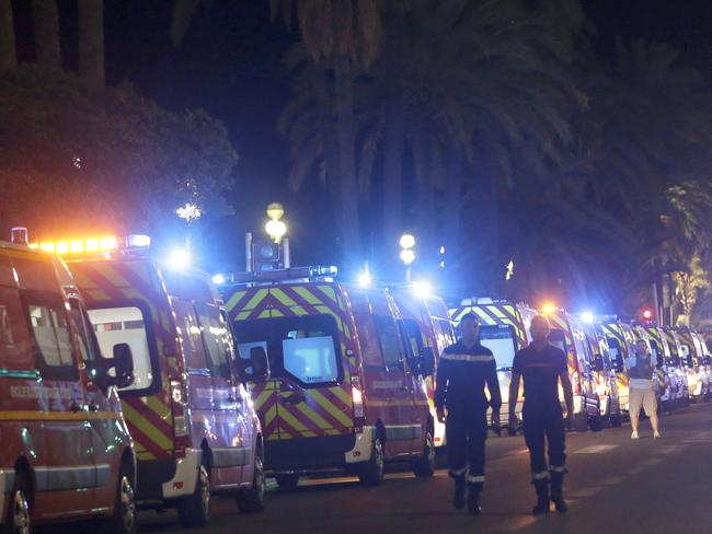 Ambulances line up near the scene of the truck attack in the French resort city of Nice. Picture: Claude Paris