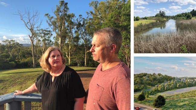 Redland Bay couple Debra and Peter Anderson look out from their balcony to the site of a proposed sewage treatment plant, which will be built to service 3000 houses to be built 4km away; <i>top</i>, wetlands at the proposed site will be used to purify the waste water and <i>below</i>; an artist’s impression.