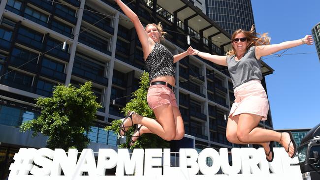 Snap Melbourne Day - Leader Pop Up Party at Queensbridge Square. (L-R) Christine Heinrichs and Anna Bourgeret from Germany. Picture: Josie Hayden