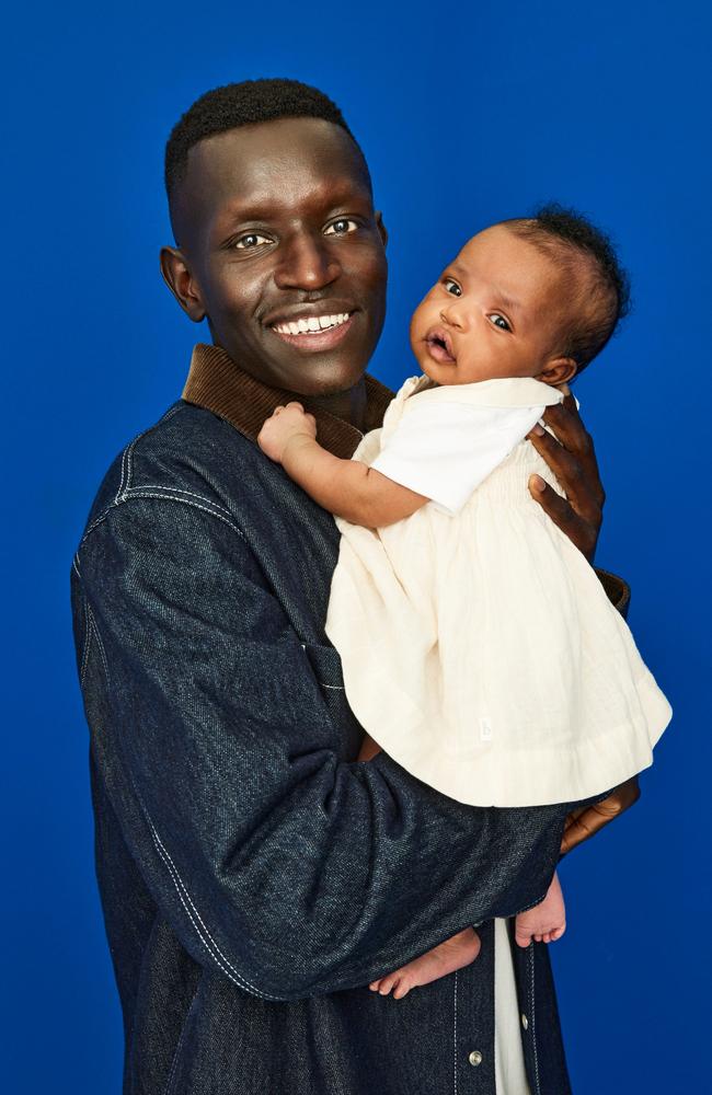 Peter Bol and his daughter, Reyna, on set for Stellar. Picture: Sam Bisso for Stellar