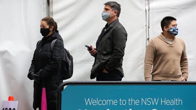 People queue at a vaccination hub in Sydney. Picture: NCA NewsWire / Gaye Gerard