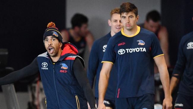 Adelaide’s Eddie Betts (left) and debutant Patrick Wilson at training at West Lakes ahead of the round 13 clash against Hawthorn. Picture: AAP/David Mariuz.