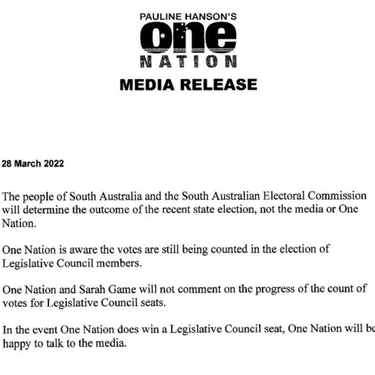 The media statement released by One Nation about South Australia Legislative Council candidate Sarah Game. Picture: Supplied