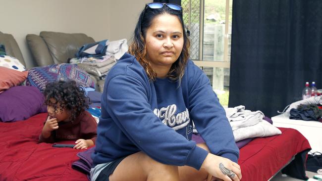 Patricia Pomare and her three-year-old son Kiarn is staying at a friend’s house after being scammed by an online real estate fraudster. Picture: Tertius Pickard