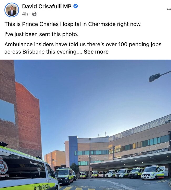 A photo of ambulance vehicles ‘ramped’ at Prince Charles Hospital in Brisbane, posted on social media by LNP leader David Crisafulli. Picture: Supplied.