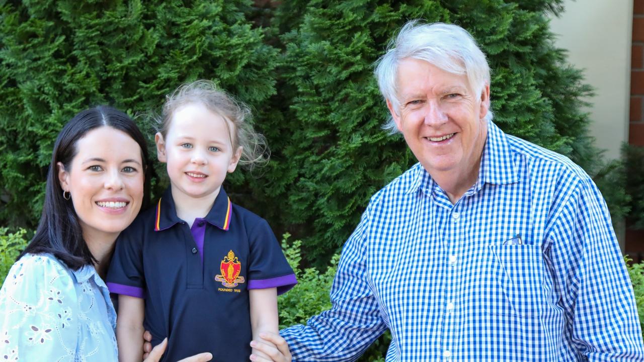 Glennie old girl Kaitlynne Robotham with her daughter Isla and dad Steve Warren on the Toowoomba school's first day of prep for 2025.