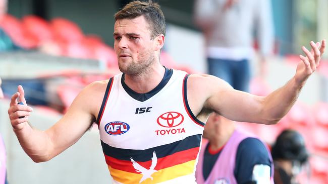 Brad Crouch leaves the ground against Gold Coast. Picture: Jono Searle/Getty