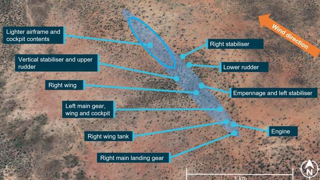 A view of the crash scene with wreckage details highlighted. Graphic: ATSB.