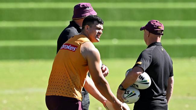 David Fifita speaks to Allan Langer at the Clive Berghofer Centre. Picture: Getty Images