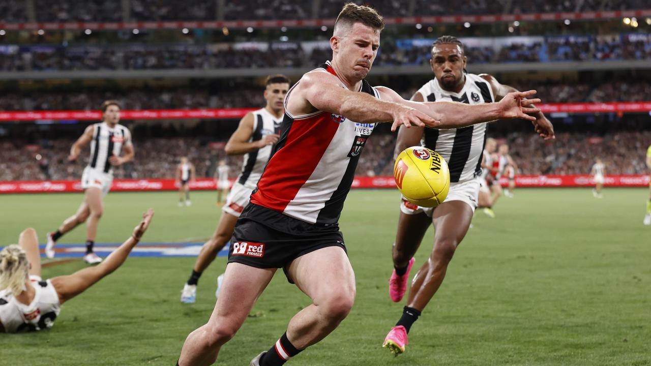 Jack Higgins kicked a stunning goal late in the final term to sink Collingwood on Thursday night, but from some camera angles the ball appeared out of bounds before it left his boot. Picture: Darrian Traynor / Getty Images