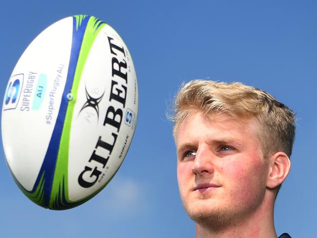 BRISBANE, AUSTRALIA - NewsWire Photos - SEPTEMBER 1, 2021. Queensland Reds new recruit Tom Lynagh, son of former Wallaby Michael Lynagh, poses for photos at Ballymore in Brisbane. Picture: NCA NewsWire / Dan Peled