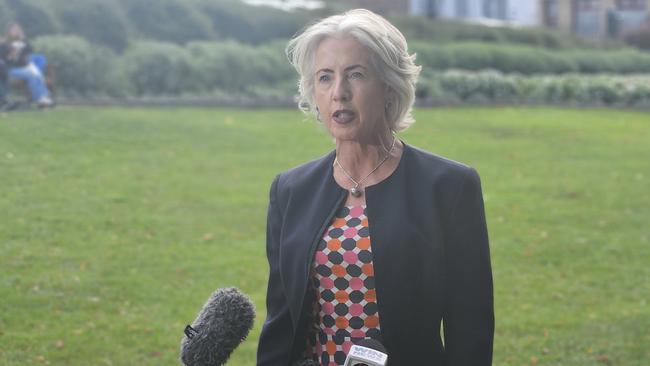 Greens leader Rosalie Woodruff speaks to the media on parliament Lawns in Hobart on Monday May 5, 2025.