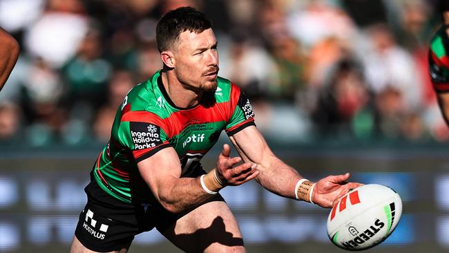 GOSFORD, AUSTRALIA - JULY 20: Damien Cook of the Rabbitohs passes the ball during the round 20 NRL match between South Sydney Rabbitohs and Wests Tigers at Industree Group Stadium, on July 20, 2024, in Gosford, Australia. (Photo by Mark Evans/Getty Images)