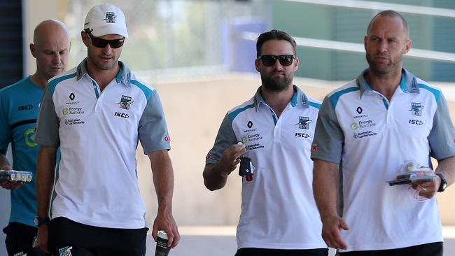 Jacob Surjan, second from right, in his former role as Power development coach with (from left) Matthew Nicks, Nathan Bassett and Chad Cornes. Picture: Calum Robertson