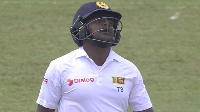 Rangana Herath retired hurt after being hit in the box.