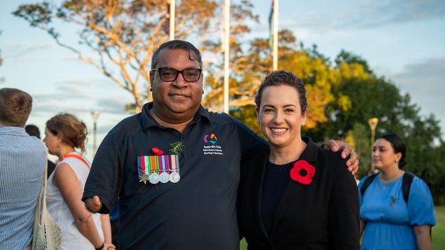 Dr Richard Fejo and Lia Finocchiaro as Territorians gather in Darwin City to reflect on Anzac Day. Picture: Pema Tamang Pakhrin