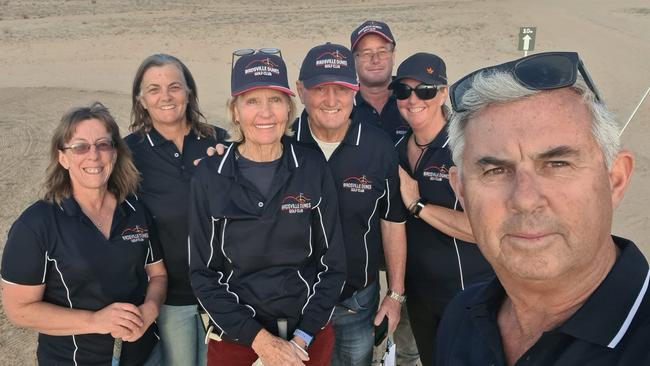 Police officer Stephan Pursell and wife Sharon have been a huge part of the Birdsville Dunes Golf Club, pictured with Birdsville royalty David and Nell Brook. Picture: Facebook: Birdsville Dunes Golf Club