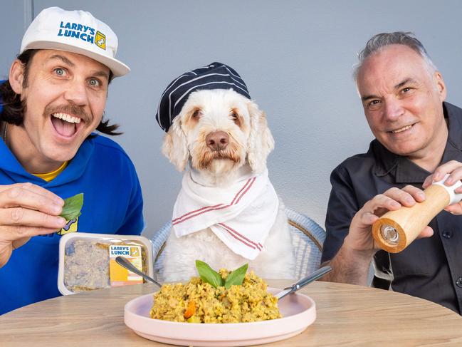 Aaron Bach’s gourmet, human-grade dog food is endorsed by top Melbourne chef Ray Capaldi — and labradoodle Larry. Picture: Jason Edwards