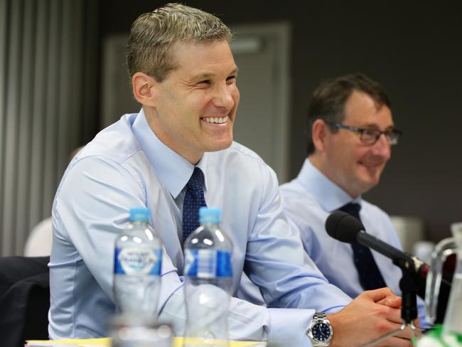 ( L to r ) David Lindberg, Chief Executive products and markets at Westpac Group and Stephen Benton, Head of Consumer Finance at Westpac Group give evidence at The Senate economics reference committee public hearing relating to credit card interest rates being held at Portside Centre, Sydney.