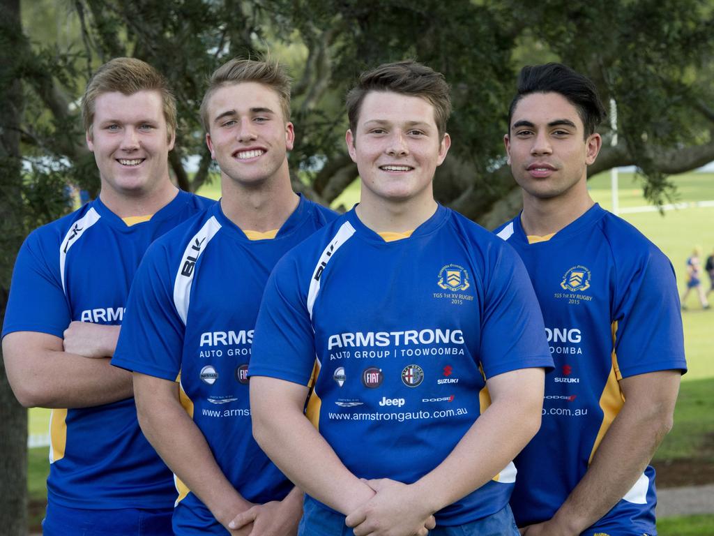 RUGBY STARS: Toowoomba Grammar rugby union players ( From left ) Harry Hoopert, Hamish Stewart , Matthew Faessler and Ashton Watson in 2015 . Photo Nev Madsen / The Chronicle