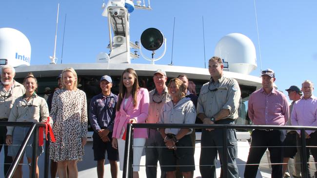 Federal Environment Minister Sussan Ley, Queensland Environment and Great Barrier Reef Minister Meaghan Scanlon and Manufacturing, Regional Development and Water Minister, Member for Gladstone Glenn Butcher with Queensland Parks and Wildlife rangers on the bow of the $9.7m Reef Resilience vessel. Picture: Rodney Stevens