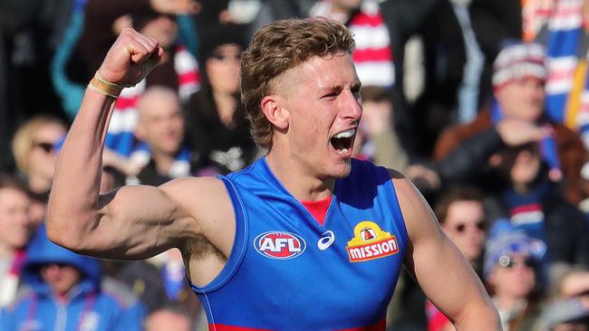 Aaron Naughton celebrates a goal against the Crows. Picture: Michael Klein