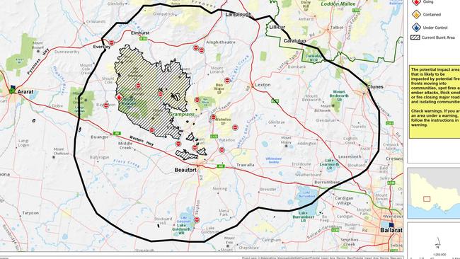 The map shows the potential impact area (bold black line) and the area already burnt (diagonal shading). Picture: VicEmergency