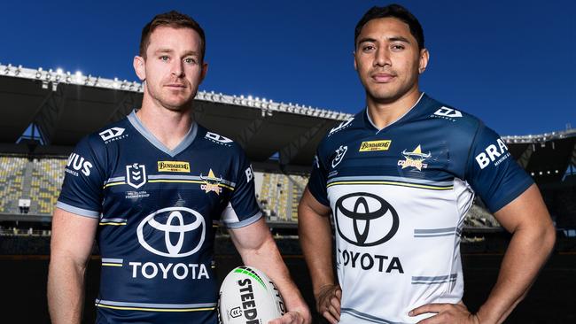 North Queensland Cowboys captain Michael Morgan and Jason Taumalolo model the club's 2021 jerseys made by Dynasty. Picture: COWBOYS MEDIA