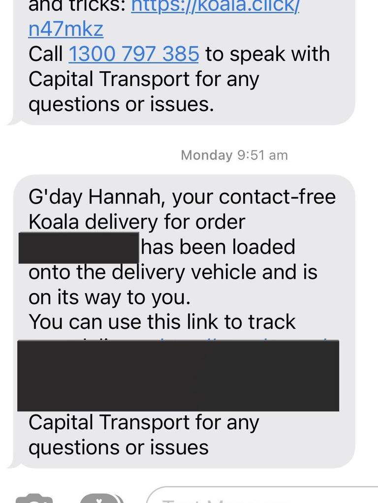 They also messaged me with a tracking link. Picture: news.com.au/Hannah Paine.