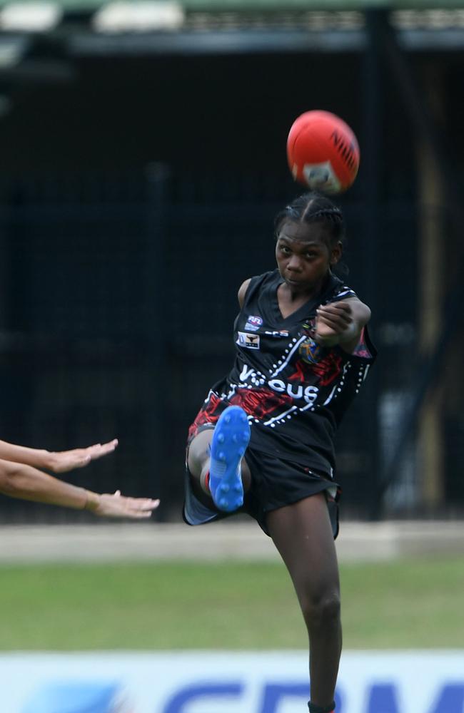 Tiwi Bombers Maria Rioli plays against Palmerston Magpies in round one of the NTFL 22/23 season. Picture: (A)manda Parkinson