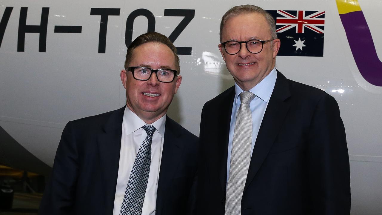 Then Qantas chief executive Alan Joyce and Prime Minister Anthony Albanese at the launch of the Qantas Yes campaign in August. Picture: NCA Newswire /Gaye Gerard