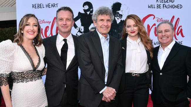 Jessica Virtue, Sean Bailey, President, Walt Disney Studios Motion Picture Production, Alan Horn, Chief Creative Officer, Disney Studios Content, actor Emma Stone, and Alan Bergman, Chairman, Disney Studios Content, at the Los Angeles premiere for Cruella. Picture: Alberto E. Rodriguez/Getty Images for Disney